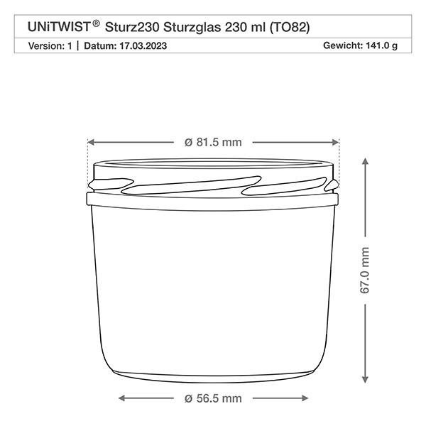 UNiTWIST Sturz230 - Bicchieri da 230 ml TO82 Technische Zeichnung 230ml Sturzglas mit Maßangaben und Produktdetails für präzise Größenvorstellung