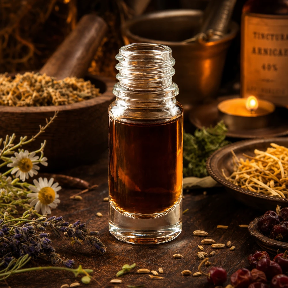 Flacone farmaceutico trasparente da 5 ml ApoGlas Flacone da 5 ml per farmacia ApoGlas tra erbe medicinali e fiori di camomilla in un caldo ambiente naturopatico