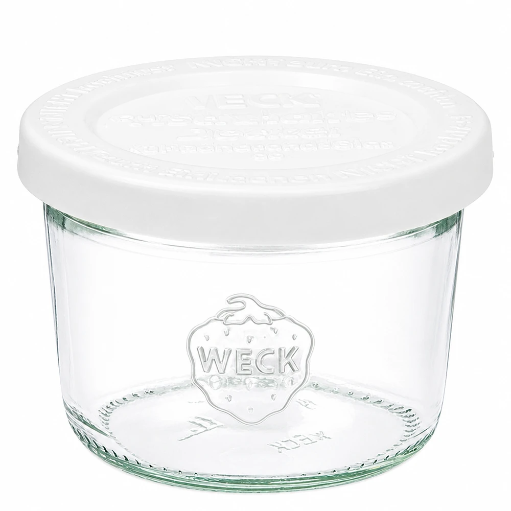Bicchieri WECK da 80 ml con coperchio bianco per la freschezza RR60 in vetro trasparente con logo WECK per la conservazione e lo stoccaggio
