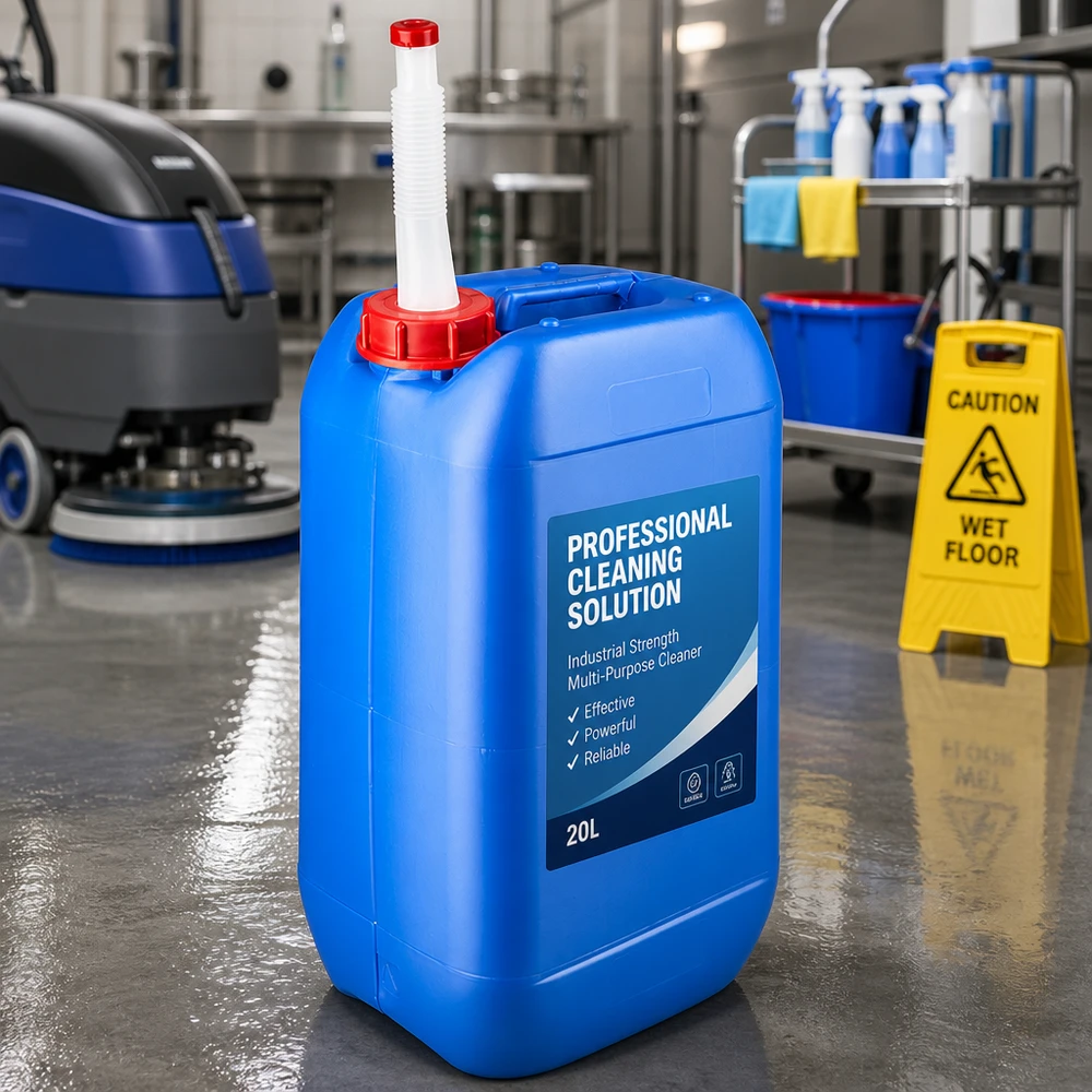 Tanica 15 litri blu con tubo di uscita Flex Tanica di plastica blu da 15 litri con beccuccio flessibile bianco su un pavimento industriale lucido