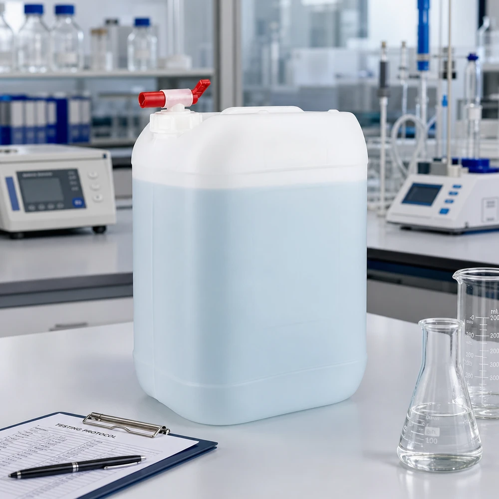 Tanica da 25 litri con rubinetto di scarico Tanica azzurra da 25 litri con rubinetto rosso su un tavolo da laboratorio bianco accanto a un matraccio di Erlenmeyer