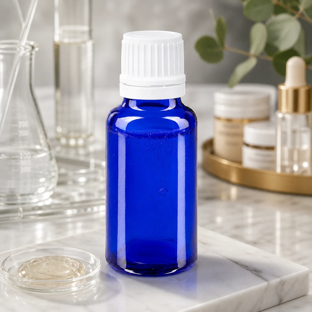 Flacone da farmacia blu da 20 ml con tappo di sicurezza bianco su un piano in marmo in un ambiente da laboratorio