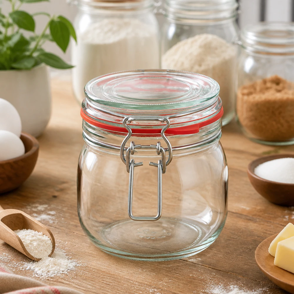 Barattolo da 634 ml, tipo G, con chiusura a clip UN.. Barattolo trasparente da 634 ml con coperchio ribaltabile, ideale per farina, zucchero e ingredienti da forno.