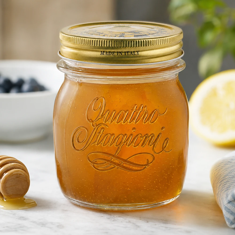 Vasetto rotondo Quattro Stagioni da 250 ml con coperchio dorato pieno di miele sul bancone della cucina Made in Italy