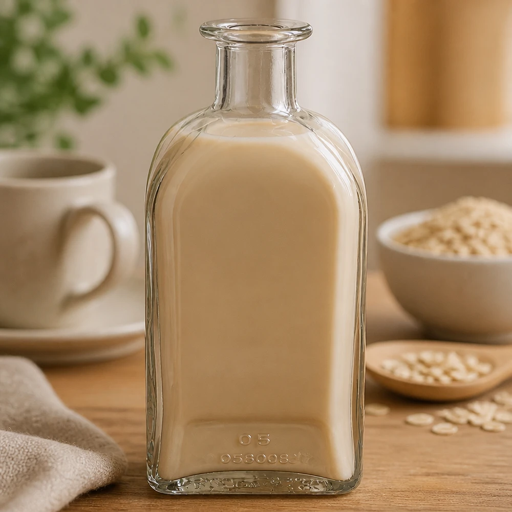 Flacone farmaceutico da 500 ml Julia senza tappo UNiTWIST® Bottiglia di vetro Julia da 500 ml riempita di liquido beige cremoso accanto a fiocchi d'avena e tazza in una calda atmosfera da cucina.