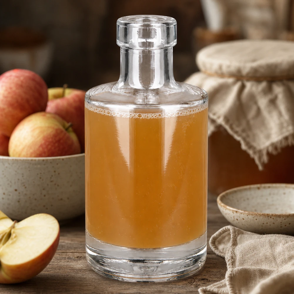 Bottiglia in vetro da 200 ml Marie senza tappo UNiTWIST® Glasflasche Marie 200ml mit Apfelsaft befüllt natürliche Küchendeko mit frischen Äpfeln rustikaler Holztisch Lifestyle