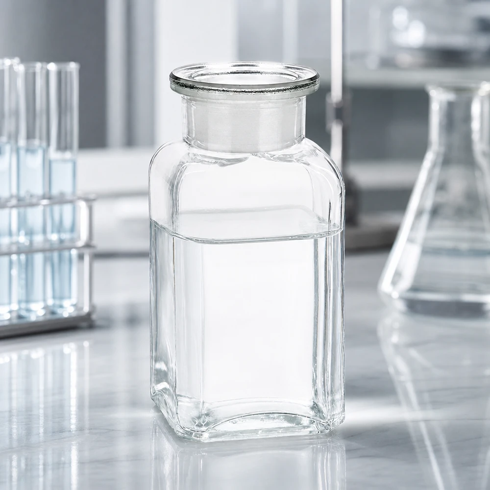 Bottiglia quadrata da 100 ml in vetro trasparente a collo largo con tappo in vetro NS Bottiglia vuota quadrata da 100 ml trasparente con tappo di vetro su un tavolo da laboratorio bianco, tra le provette