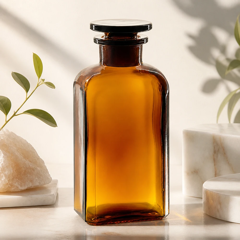 Bottiglia quadrata 250ml marrone con collo largo e tappo in vetro Bottiglia quadrata da 250 ml in vetro ambrato a collo largo con tappo in vetro, di forma quadrata