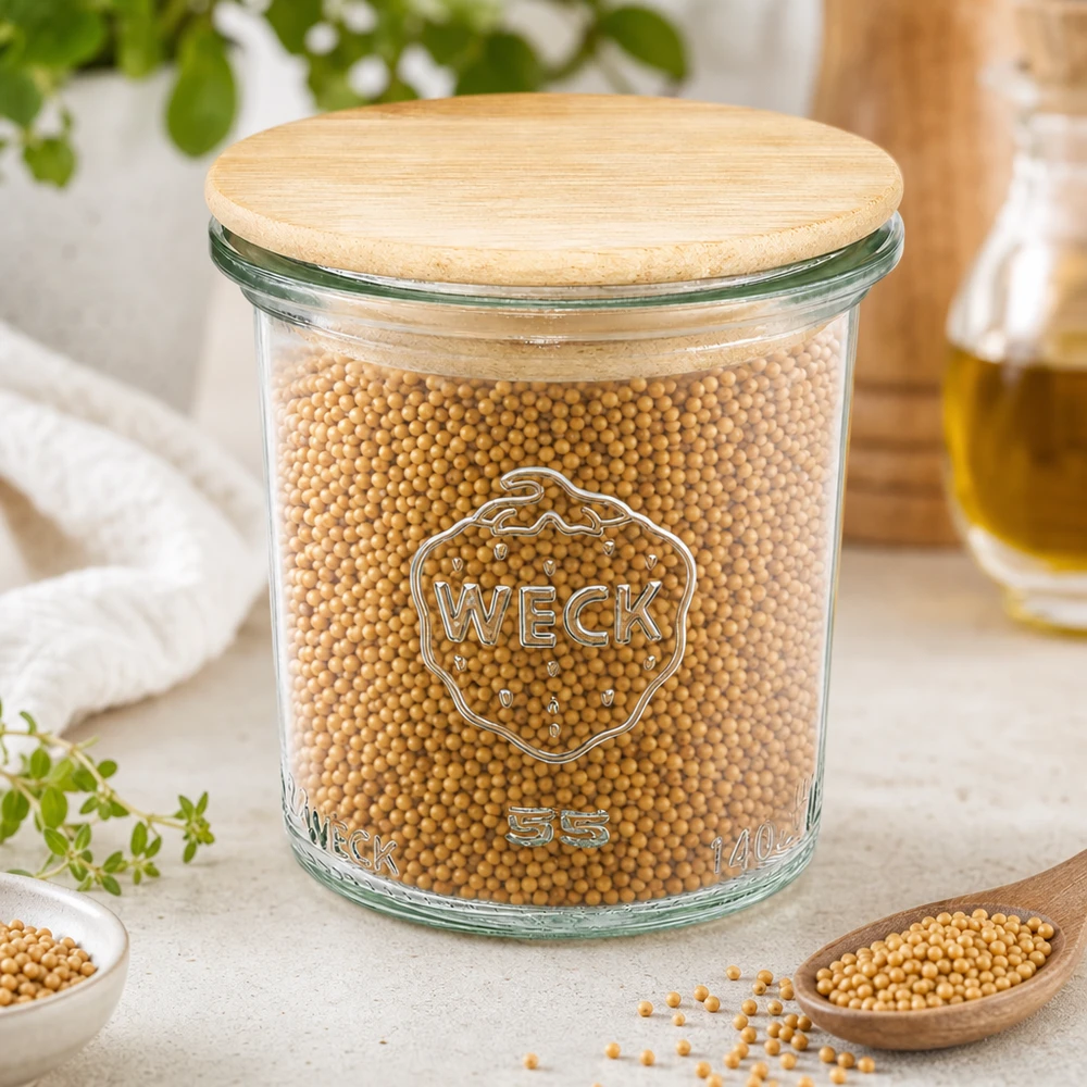 I tumbler RR60 da 140 ml di WECK riempiti con semi di soia mostrano un uso versatile per legumi e spezie