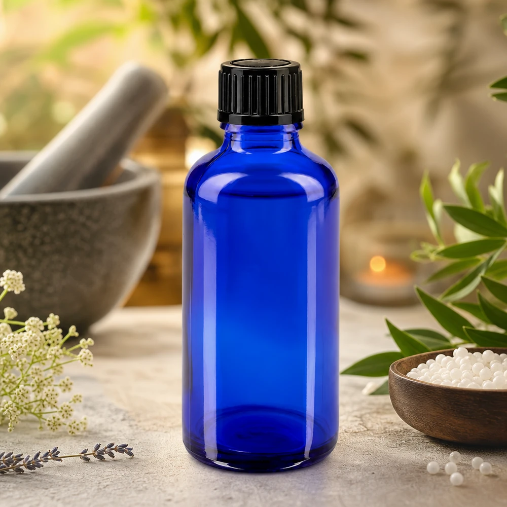 Fiaschetta da farmacia in vetro blu da 50 ml con tappo standard nero, raffigurante un mortaio e un pestello