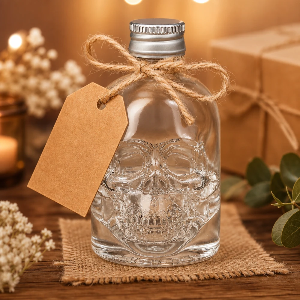 Bottiglia in vetro Hector da 50 ml con teschio in rilievo, decorata con un fiocco di iuta e un'etichetta in carta kraft.