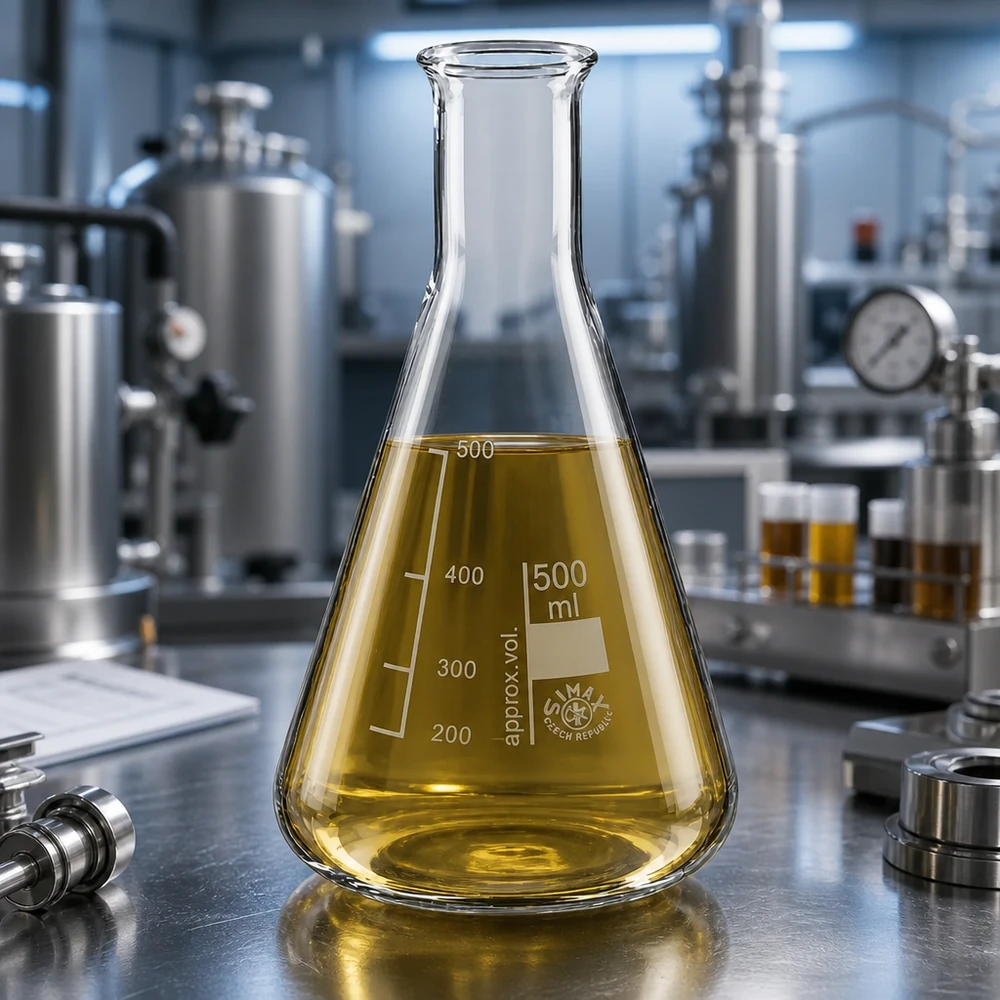 Beuta scientifica da 500 ml in vetro trasparente con sostanza da analizzare giallo oro