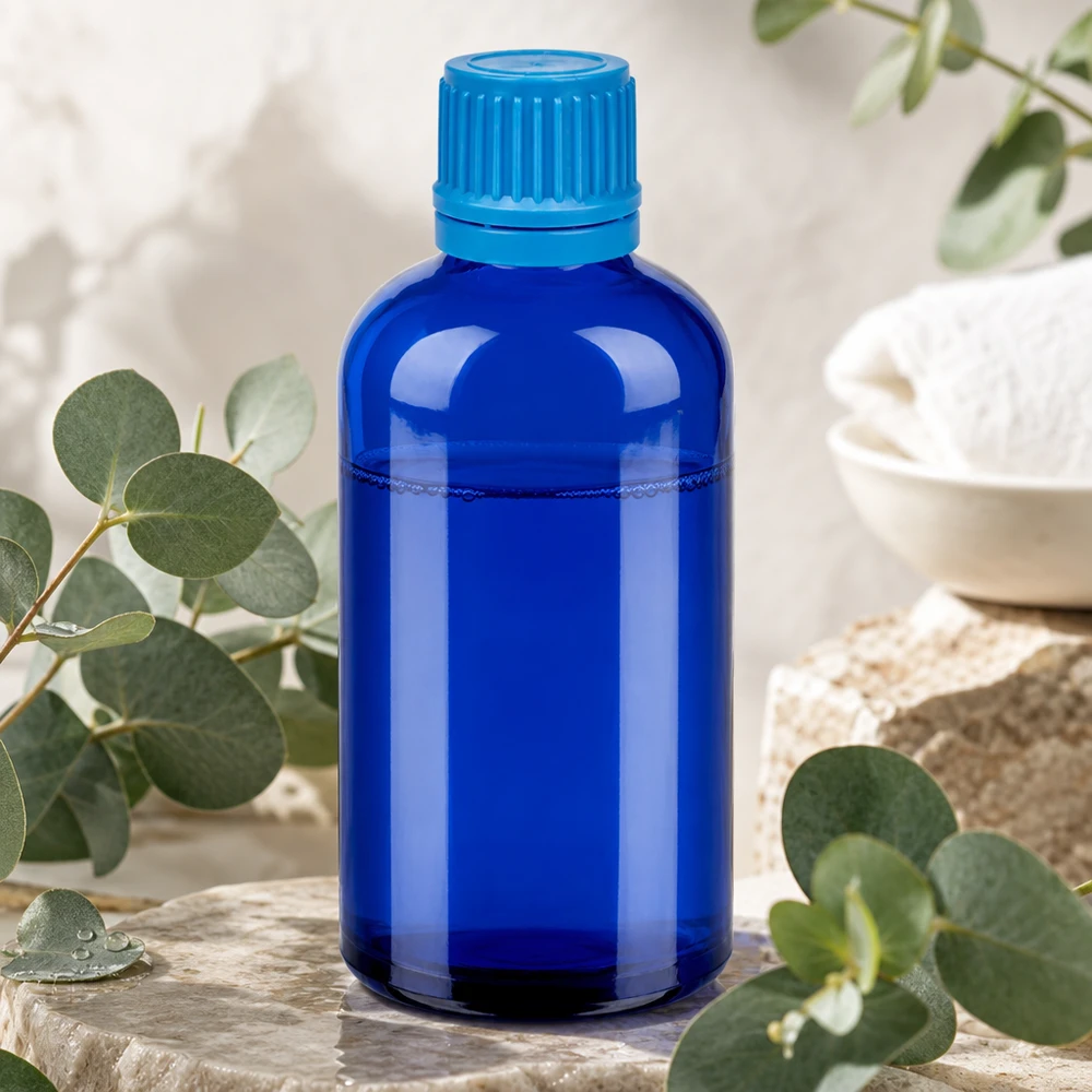 Bottiglia da 100ml 11mm SV blu OV BlueLine UT18/100 Flacone a vite da 100 ml con tappo da 11 mm in vetro blu con protezione UV, prodotto con precisione.