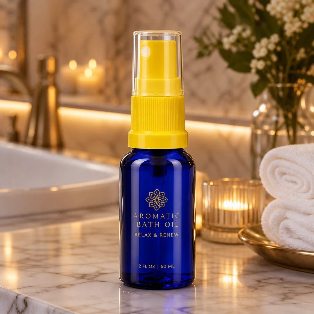 Vaso da farmacia blu da 10 ml con protezione UV e dosatore a pompa giallo, ideale per oli da bagno e aromaterapia