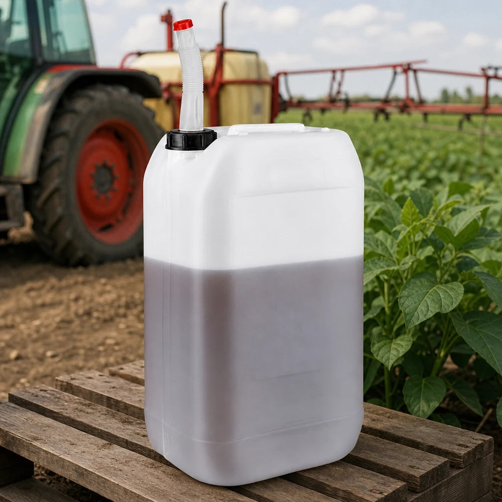 Tanica da 15 litri con tubo di uscita flessibile Serbatoio agricolo da 15 litri con tubo di scarico flessibile su pallet di legno, davanti al trattore e all’irroratrice