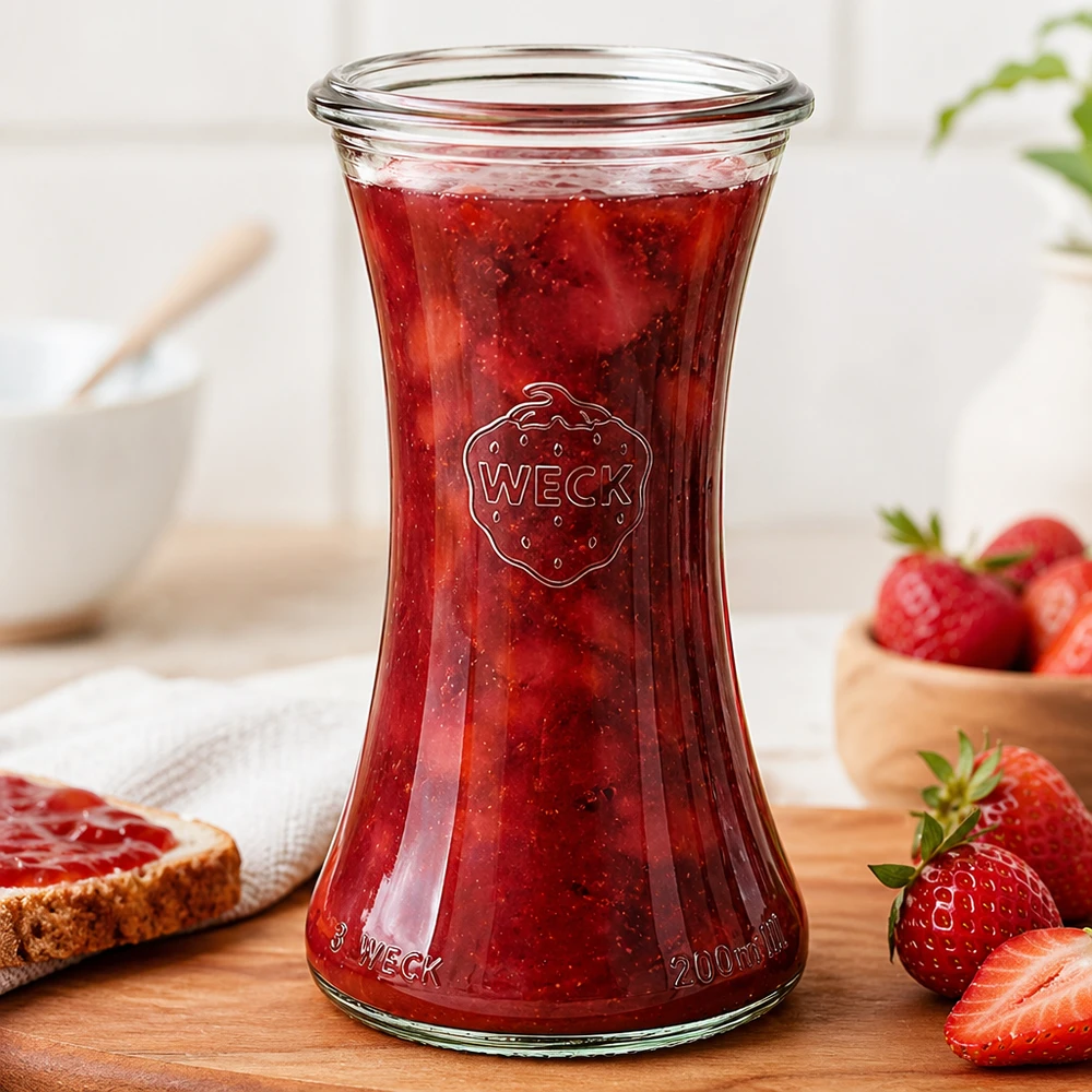 WECK RR60 vaso da gastronomia da 200 ml riempito di marmellata di fragole rosse accanto a fragole fresche e pane spalmabile