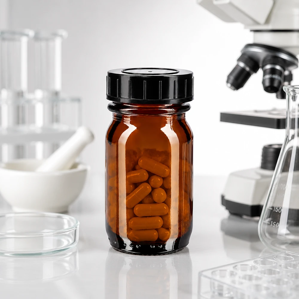 Bottiglia a collo largo da 30 ml in vetro ambrato con tappo a vite Bottiglie compatte in vetro ambrato da 30 ml con ampia apertura, ideali per applicazioni di laboratorio