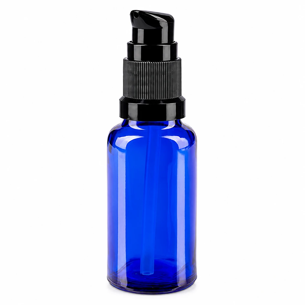 Bottiglia a pompa blu 20ml STD nero ApoGlas Flacone in vetro blu da 20 ml con dosatore nero per sieri e oli, realizzato in vetro da farmacia di alta qualità