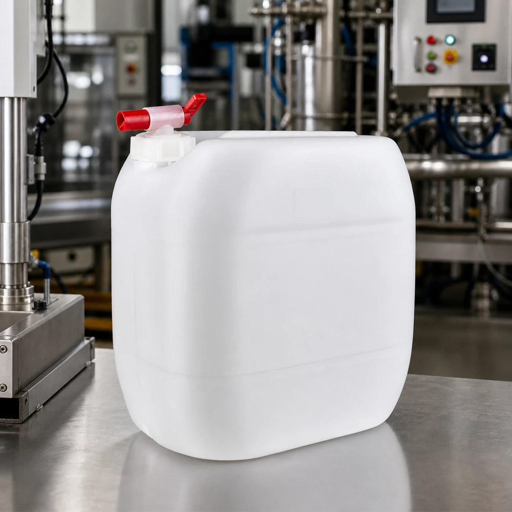 Tanica da 30 litri con rubinetto di scarico Grande tanica in plastica bianca da 30 litri con rubinetto di chiusura rosso su superficie in acciaio inossidabile