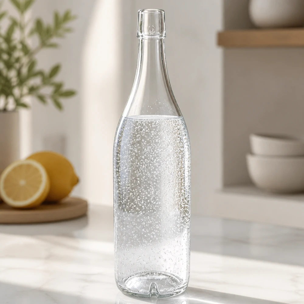Bottiglia in vetro da 1000 ml senza tappo UNiTWIST Bottiglia di vetro 1000ml UNiTWIST riempita di acqua frizzante Bancone da cucina limoni arredamento moderno cucina luminosa