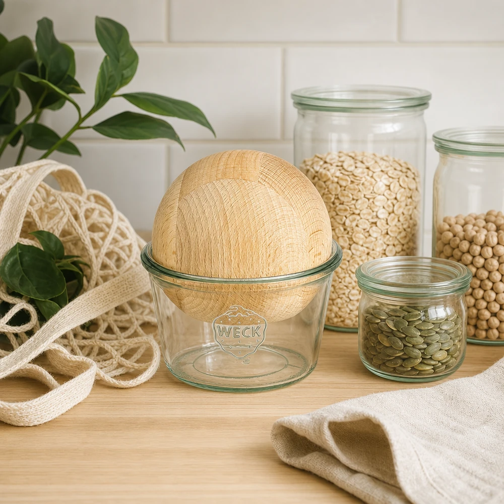 WECK barattolo di stoccaggio 370ml RR100 sostenibilità zero rifiuti cucina barattoli di stoccaggio a sfera in faggio legumi eco lifestyle