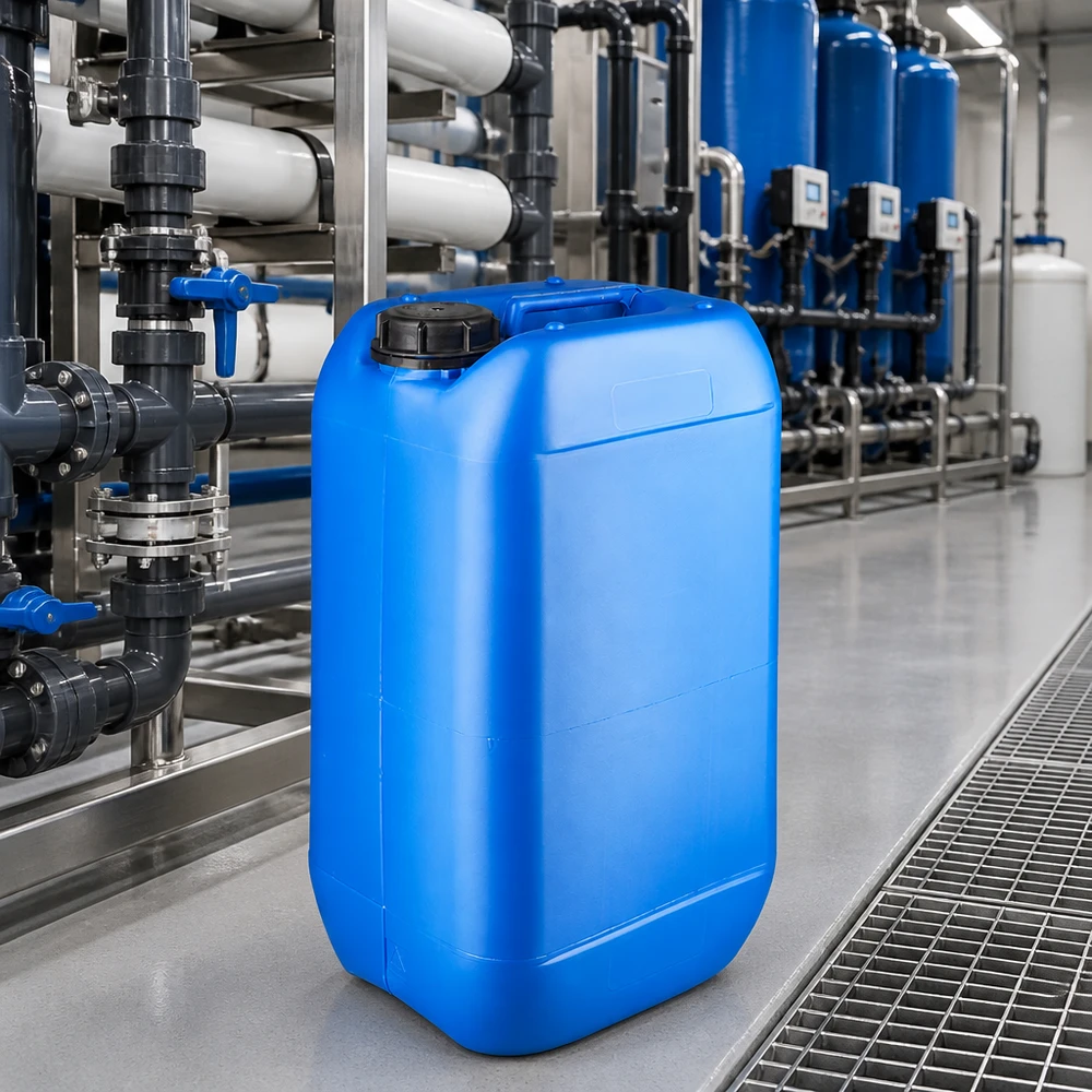 Tanica 15 litri blu con tappo a vite OV Tanica blu da 15 litri con tappo OV davanti all'impianto di trattamento dell'acqua