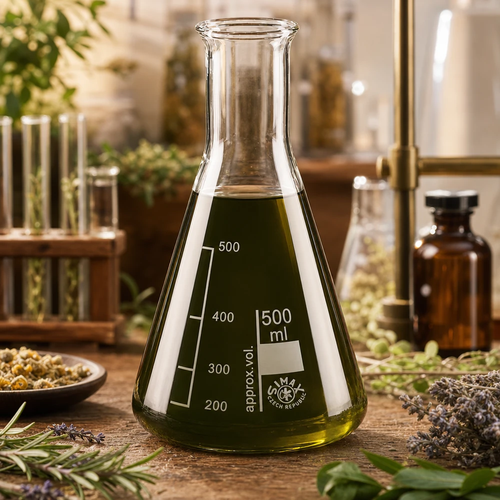Beuta da 500 ml a collo stretto Beuta da 500 ml in vetro da laboratorio resistente al calore con contenuto verde oliva su un tavolo di legno