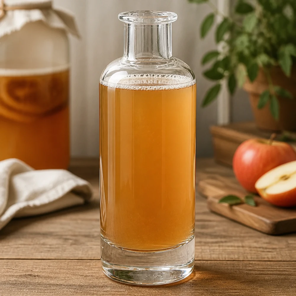 Bottiglia in vetro da 200 ml Ella senza tappo UNiTWIST® 200ml Glasflasche Ella mit Apfelsaft befüllt in Küche zeigt vielseitige Nutzung für Säfte und Getränke
