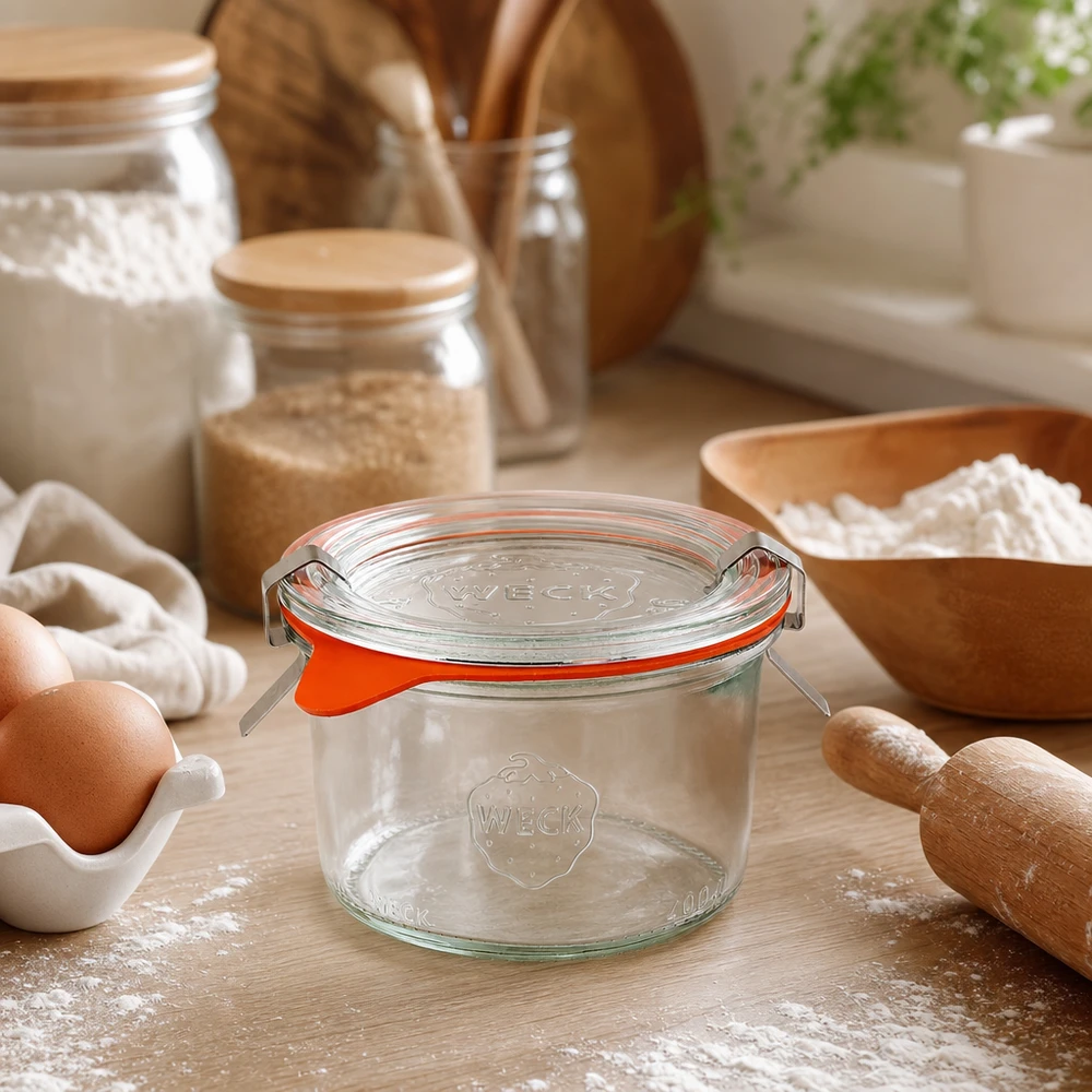 WECK tumbler 200ml RR80 in scena di cucina con ingredienti da forno farina uova e utensili in legno per la cottura e la panificazione