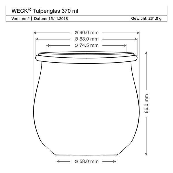 Vaso a tulipano da 370 ml con coperchio a tenuta ermetica WECK RR80 Disegno tecnico del vaso a tulipano WECK RR80 370ml con dimensioni e specifiche del prodotto, peso 231g