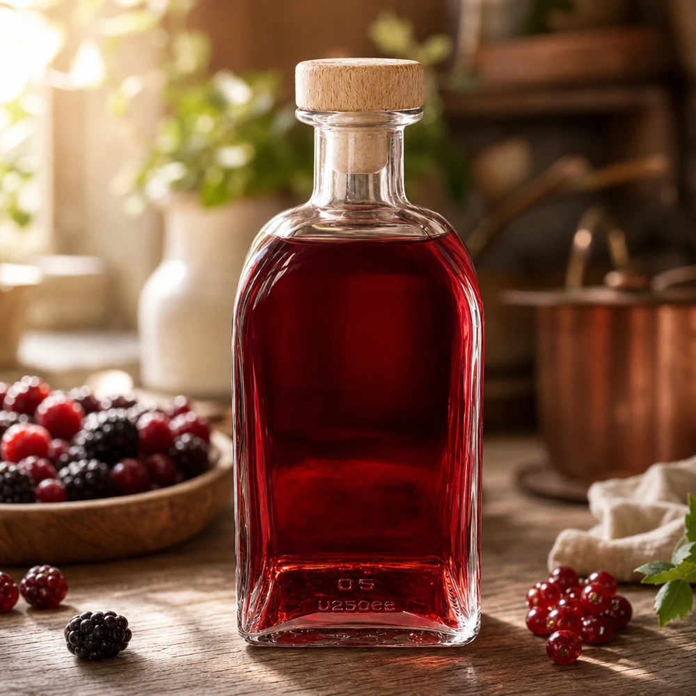 Bottiglia di vetro Julia da 500 ml con tappo di legno riempita di liquore ai frutti rossi su un tavolo di legno con more e ribes rosso