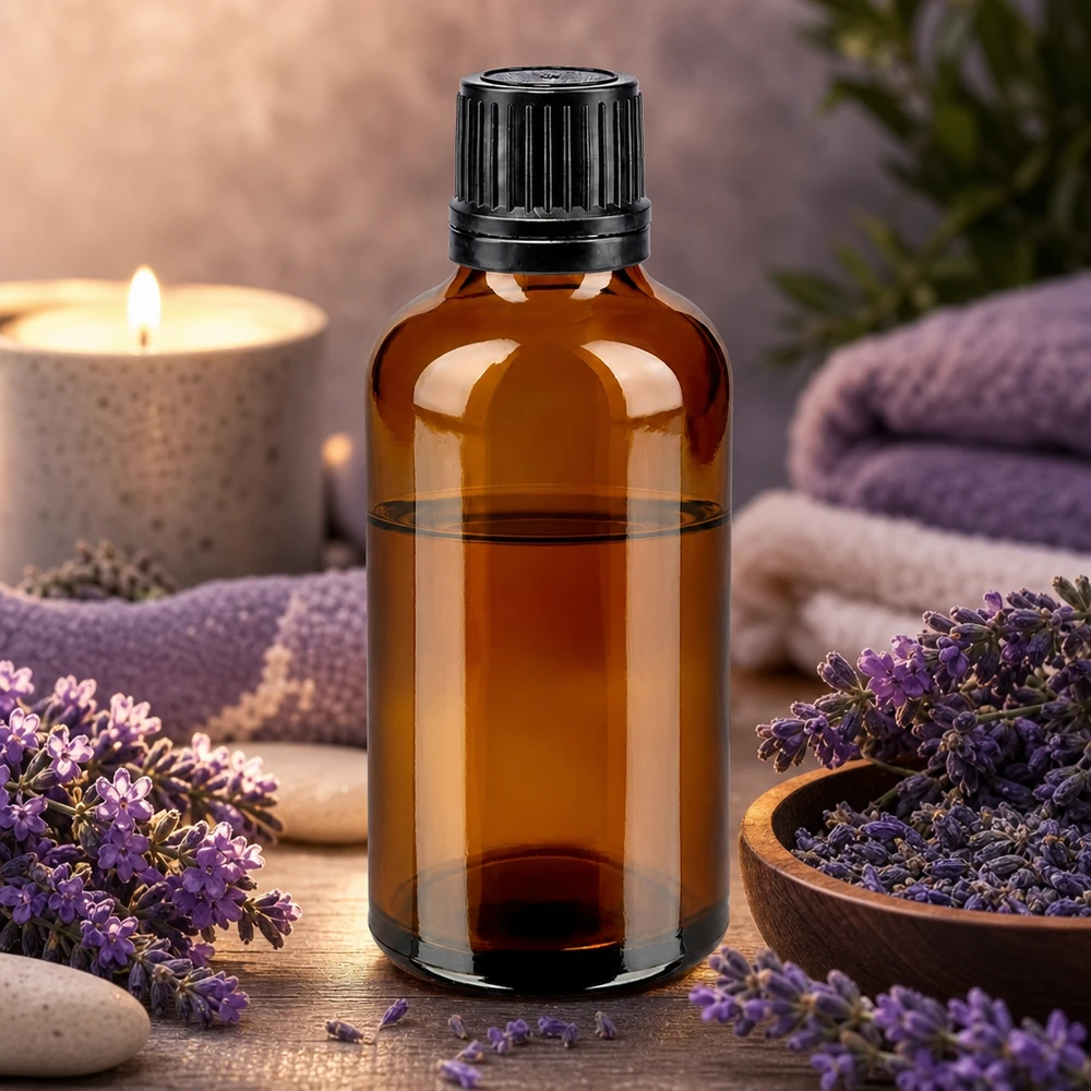 Bottiglia 50ml bre. (Glo.) Bottiglia GR OV nero/8mm ApoGlas Flacone in vetro da farmacia da 50 ml, vetro ambrato con tappo OV nero da 8 mm, lavanda, aromaterapia