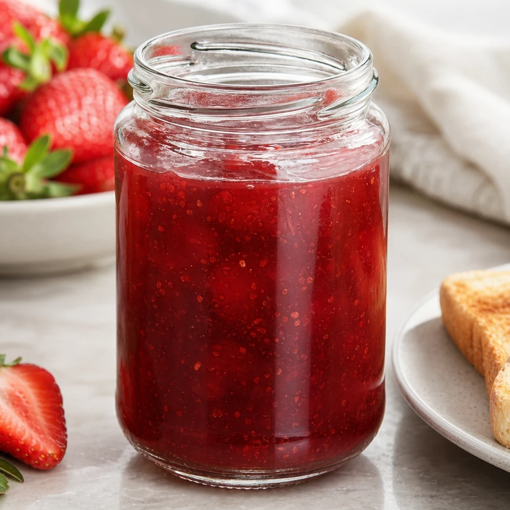 UNiTWIST Runda390 - Barattolo rotondo capacità 390ml TO70 UNiTWIST Runda390 bicchiere rotondo 390ml TO70 riempito di marmellata di fragole rosse accanto a fragole fresche e pane tostato