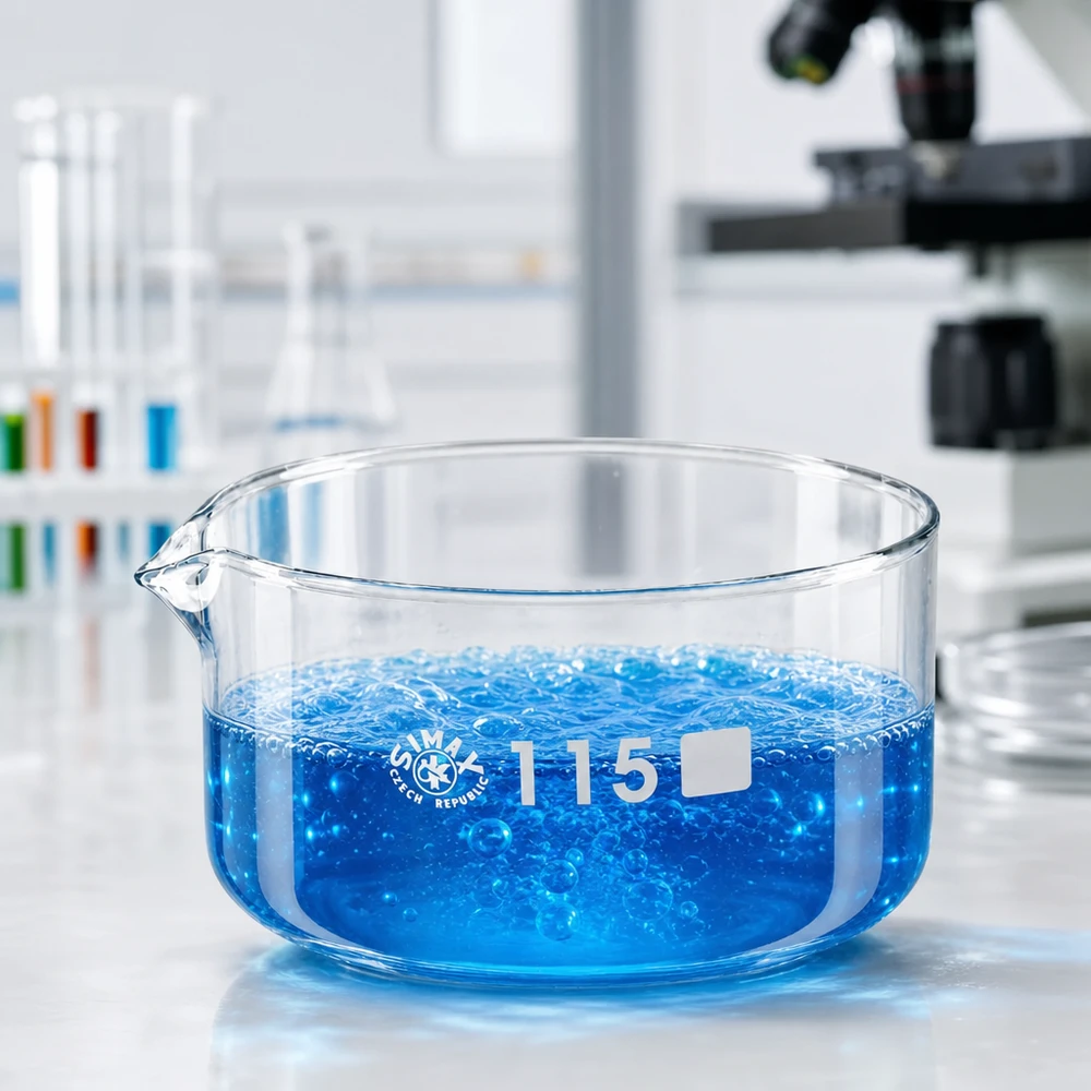 Piatto per cristallizzazione da 500ml con beccuccio Bo.. ø115mm Vaschetta di cristallizzazione da 500 ml con liquido blu in ebollizione, beccuccio ø 115 mm, SIMAX, Repubblica Ceca, laboratorio