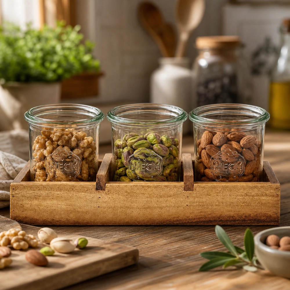 WECK bicchieri con noci Noci Pistacchi Mandorle in legno d'acacia Vassoio di servizio Box3 Conservazione da cucina Conservazione barattoli