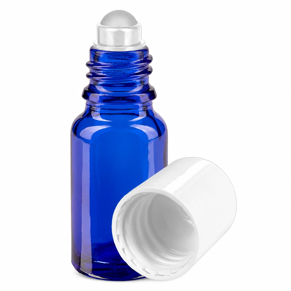 Flacone roll-on 10ml blu STD bianco ApoGlas Flacone roll-on blu da 10 ml in vetro da farmacia con tappo bianco e applicatore a sfera