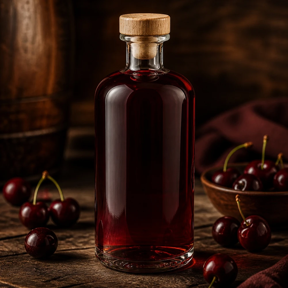 Bottiglia di vetro Flora da 500 ml con tappo in legno riempita di liquore alla ciliegia tra ciliegie fresche su un tavolo di legno rustico