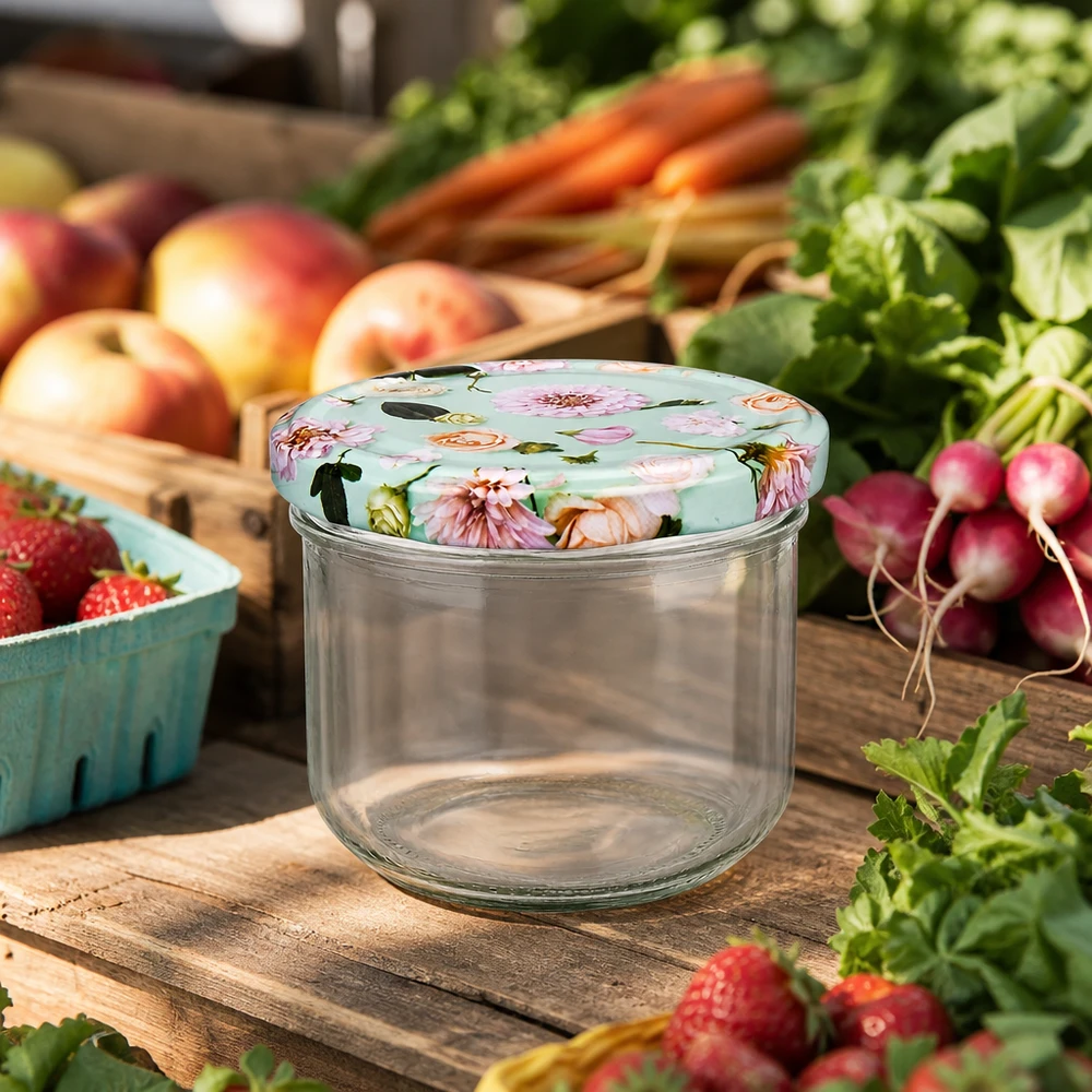 260ml tumbler + BasicSeal coperchio fiore menta UNiTWIST Bicchieri da 260 ml BasicSeal coperchio a fiore menta su un tavolo di legno circondato da verdure fresche, frutta ed erbe aromatiche