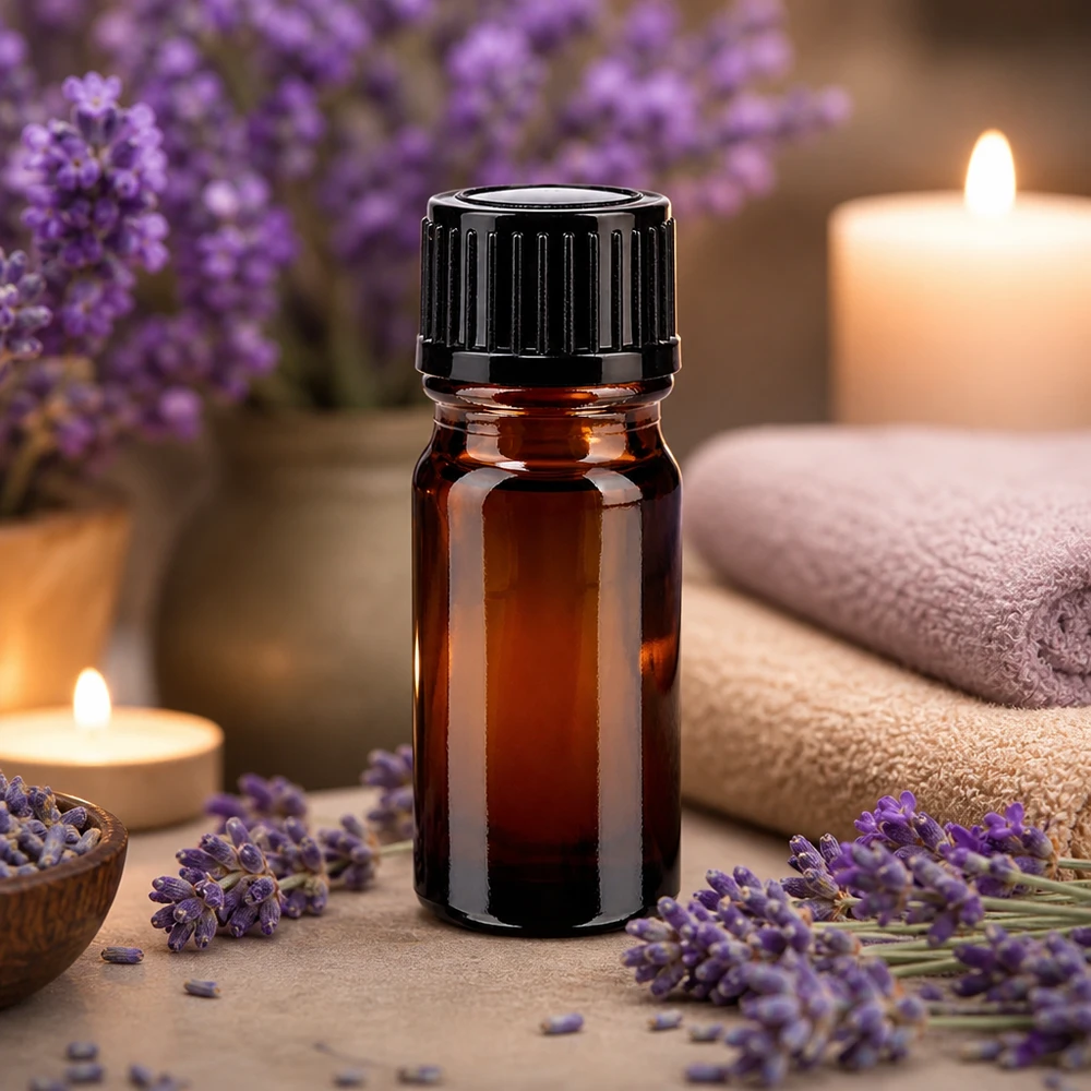 Flacone da farmacia marrone da 5 ml con tappo contagocce nero, tra fiori di lavanda e candele