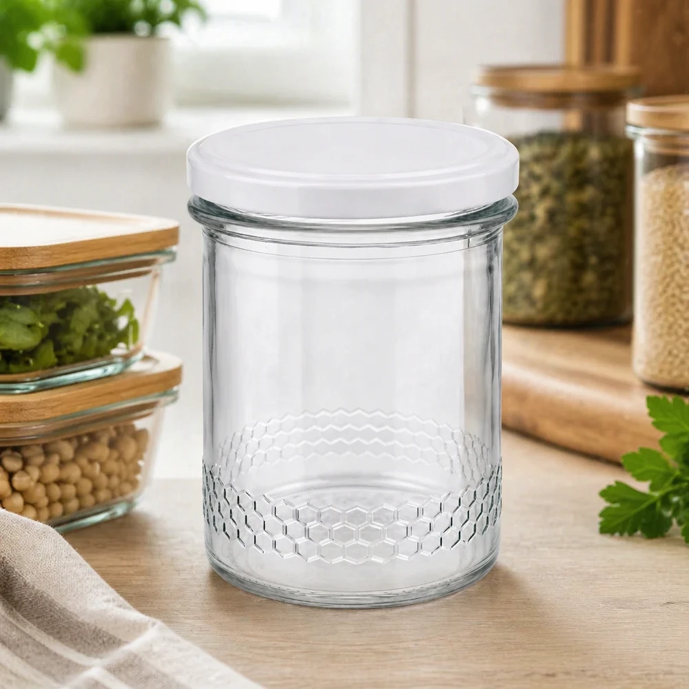 Vasetto per miele da 560 g con capsula bianca BasicSeal UNiTWIST Vasetto di miele da 400 ml vuoto in cucina ambiente con altri vasetti di stoccaggio stoccaggio decorativo motivo a nido d'ape Coperchio BasicSeal
