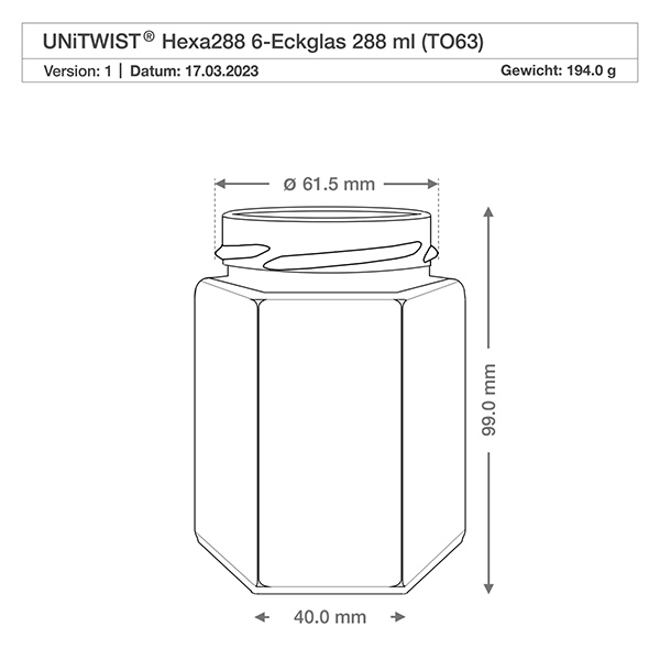 UNiTWIST Hexa288 - Vaso a 6 angoli capacità 288ml TO63 UNiTWIST Hexa288 Bicchiere a 6 angoli 288ml TO63 Disegno tecnico con dimensioni Diametro 61,5 mm Altezza 99 mm Peso 194 g