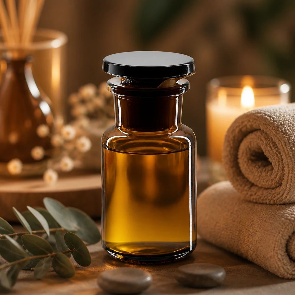 Bottiglia a spalla tonda 50ml marrone collo largo tappo in vetro Flacone da farmacia a collo largo color ambra da 50 ml con tappo nero in un ambiente da spa