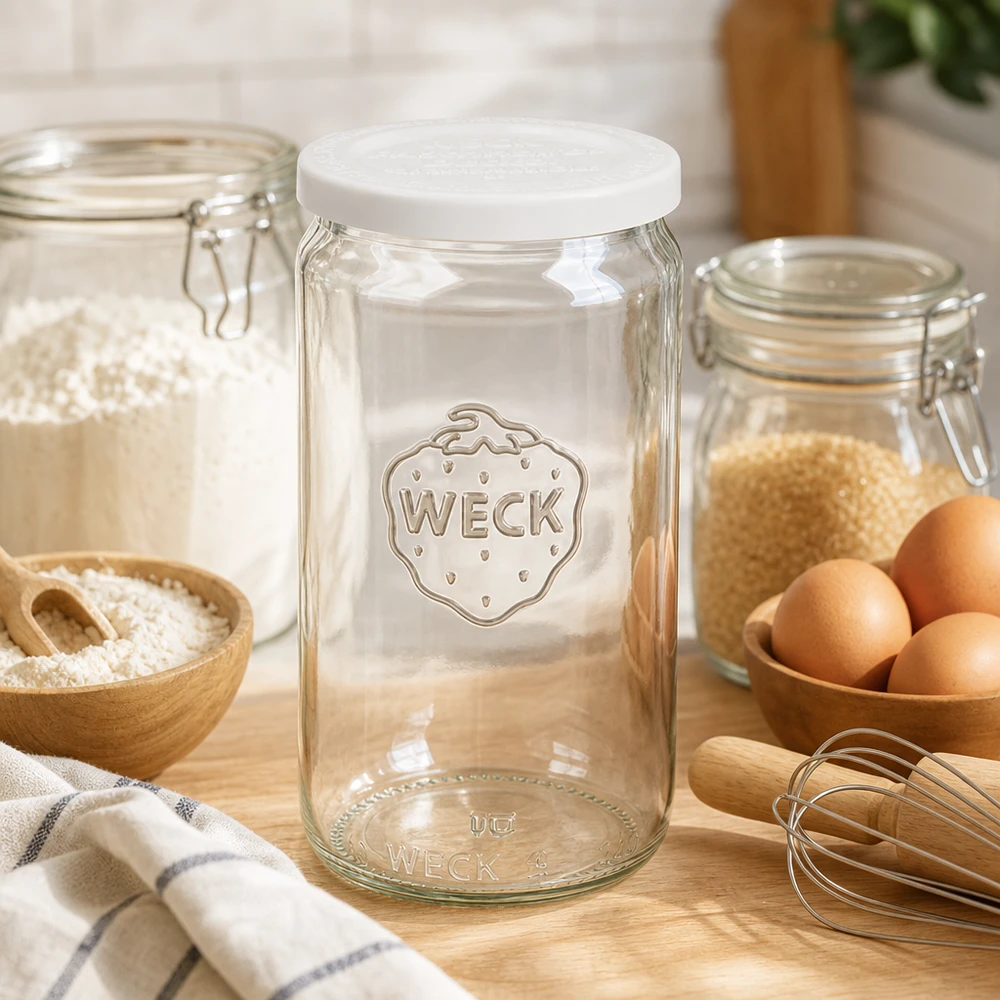 WECK 340ml barattolo cilindrico vuoto con coperchio bianco RR60 in cucina con uova farina e utensili da cucina in legno