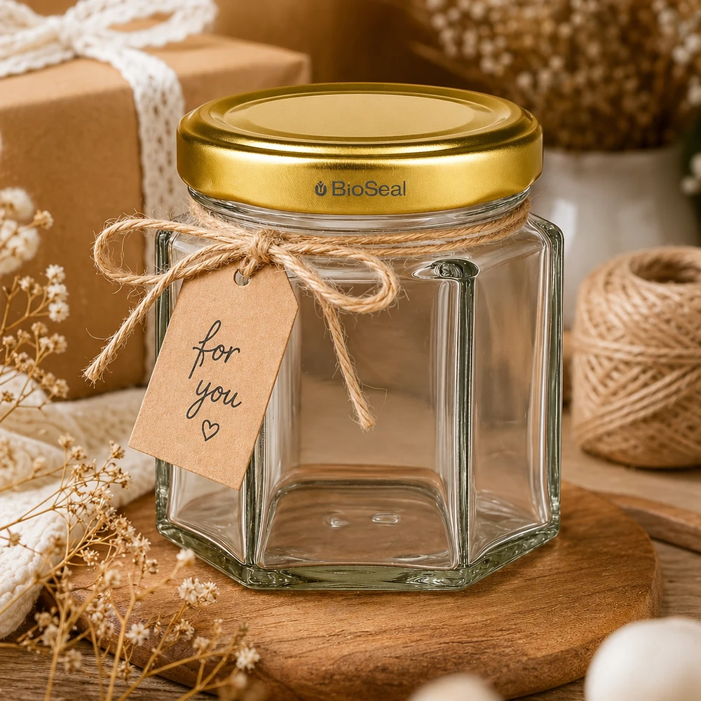 Vasetto per miele da 60 g con capsula dorata BioSeal UNiTWIST Vasetto di miele BioSeal da 60 g vuoto con etichetta regalo per voi in una scena decorativa rustica con spago di iuta e fiori secchi