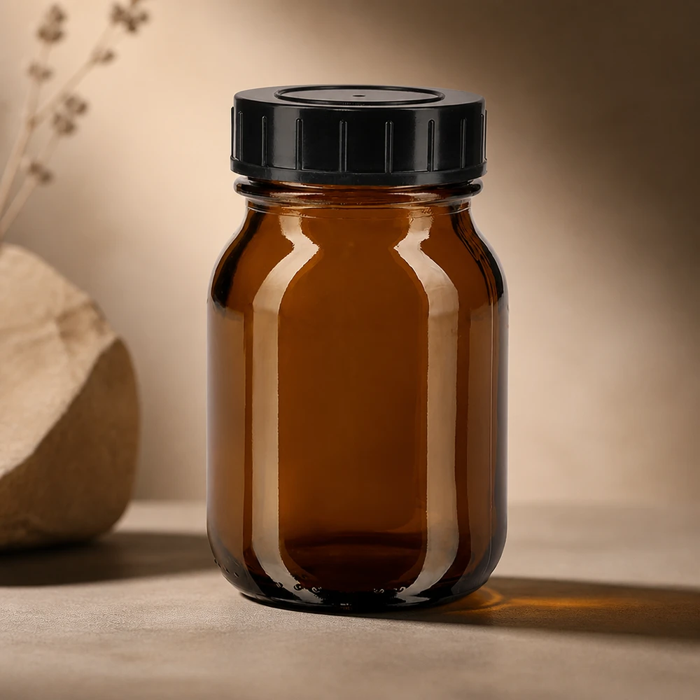 Bottiglia a collo largo da 75ml in vetro ambrato con tappo a vite Flacone in vetro ambrato di alta qualità da 75 ml con tappo a vite, per una conservazione ottimale degli integratori.