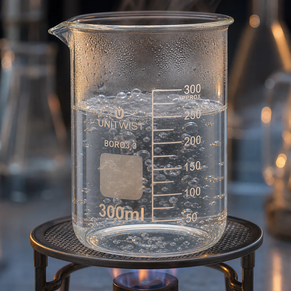 Bicchiere da laboratorio da 300 ml sopra un becco Bunsen con acqua bollente e formazione di bolle, di UNiTWIST
