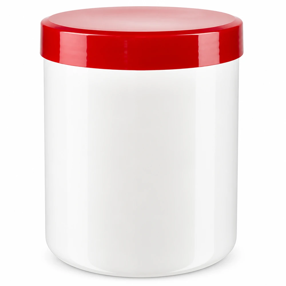 Unguentario 800g bianco con coperchio a vite rosso (PP) Vasetto per pomate in PP da 800 g, bianco con tappo a vite rosso