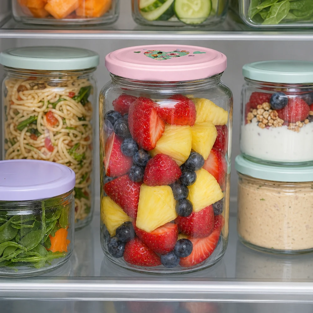 795ml vaso rotondo + coperchio BasicSeal cuore rosa UNiTWIST Rundglas 795ml mit rosa Herzdeckel gefüllt mit Obstsalat im Kühlschrank neben anderen Vorratsgläsern mit Salat und Nudel