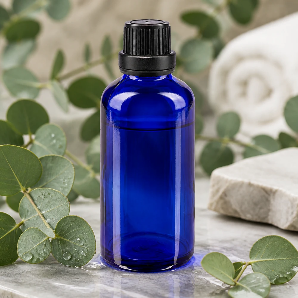 Bottiglia da farmacia blu da 50ml. SV OV nero/11mm ApoGlas Flacone da farmacia da 50 ml blu cobalto con tappo a vite nero originale, tra rami di eucalipto
