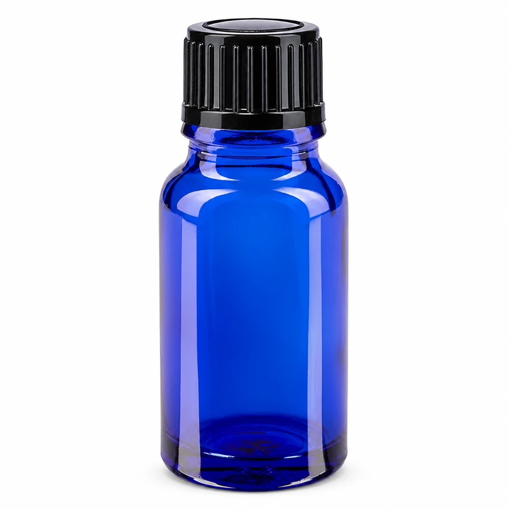 Flacone da farmacia in vetro blu da 10 ml con tappo a vite nero standard da 11 mm